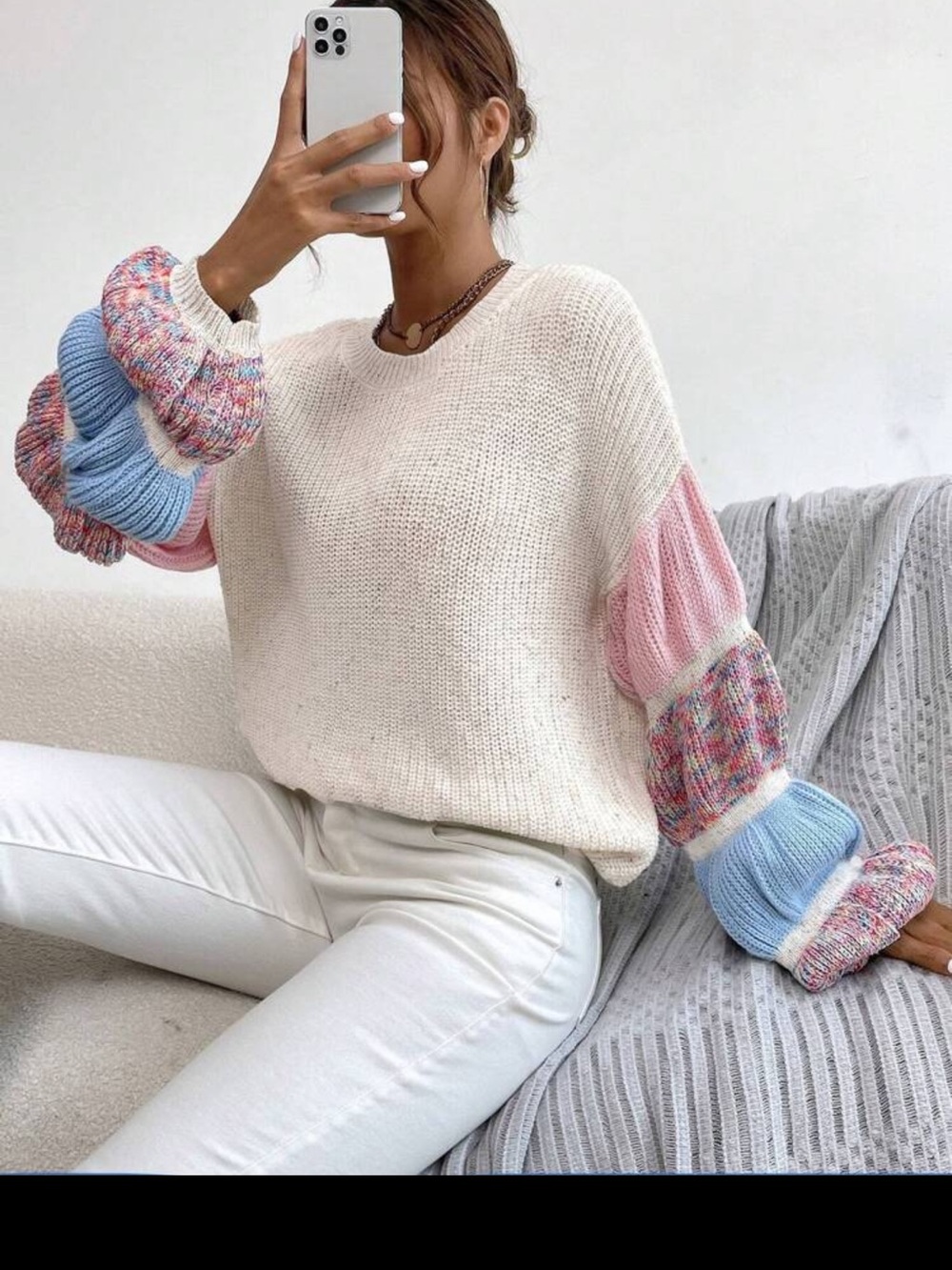 Cream Knit Sweater with Pastel Pink & Blue Balloon Sleeves